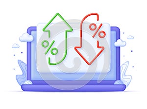 3D Percent and arrow icon on Computer. Percentage with arrow up and down. Interest rate, finance, banking, credit.
