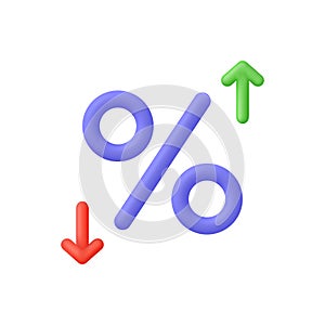 3D Percentage and arrows down and up. Increasing and decreasing. Interest rate, finance, banking, credit and money