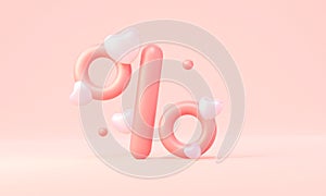 3D percentage symbol with hearts. On a pastel background. Sale for a romantic day. 3d rendering.