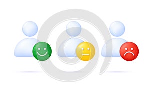 3D Person with emoticon. Feedback emotion scale illustration. Reviews with good and bad rating.