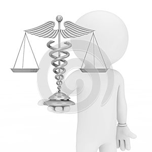 3d Person Hold in Hand Silver Medical Caduceus Symbol as Scales.