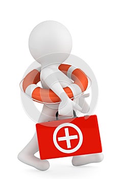 3d person with lifebuoy ring and first aid box
