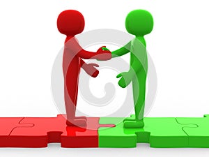 3d person shaking hands on puzzle pieces. The concept of business partners