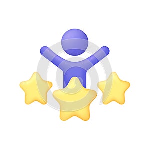 3D Person with stars. Consumer or customer feedback score, satisfaction level and criticism concept. Online feedback