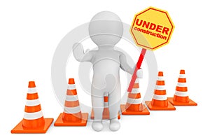 3d person with Under Construction banner and traffic cones