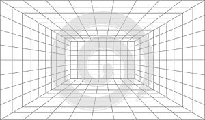 3d perspective line grid, wireframe room background. Futuristic cyber box room. Cyber, virtual surface