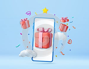 3d Phone, box, app, fortune. Gift-opening, sharing gifts online, greeting cards, guest invitation, unpacking present.
