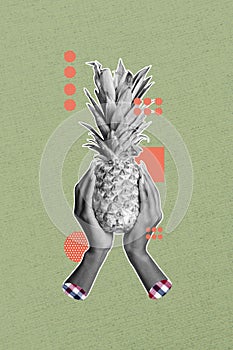 3D photo collage composite trend artwork sketch image of black white silhouette two hands hold between pineapple fruit