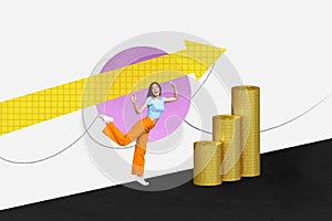 3D photo collage composite trend artwork sketch of young lady stand on one leg huge arrow show direction pile coins rich