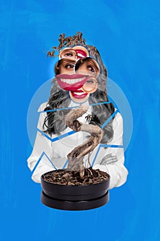 3D photo collage composite trend artwork weird image of strange face lady with many eyes mouth tree in pot with head