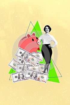 3D photo collage sketch image of black white business confident lady collect get money dollar usd banknote save in piggy