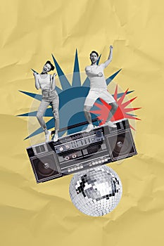 3D photo collage trend artwork composite sketch of black white silhouette couple man lady dance on huge boombox disco