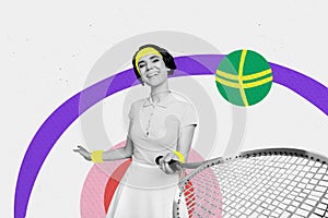 3D photo collage trend artwork sketch image of silhouette active sportive lady play tennis game hold in hand rocket game