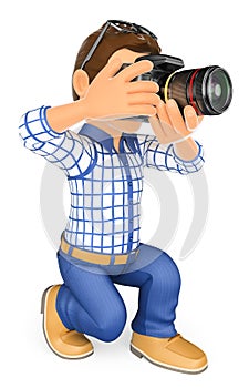 3D Photographer kneeling with his SLR camera