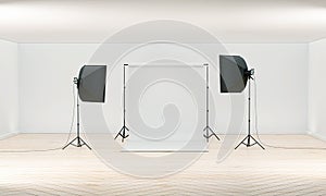 3D Photography studio. Photo studio white blank background with soft box light, camera, tripod and backdrop. Isolated on white