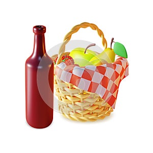 3d Picnic Basket and Red Wine Bottle Set Plasticine Cartoon Style. Vector