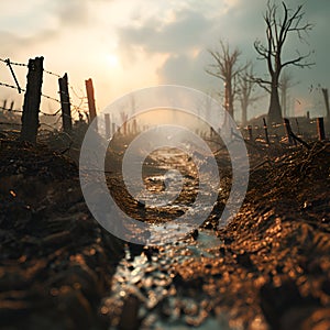 3d picture of a battlefield in first world war, hiperrealism