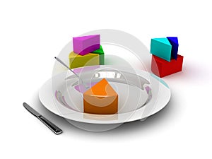 3d pie chart outside the plate on white background, fork in orange piece on the plate