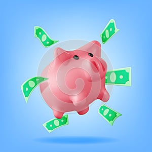 3D Piggy Bank with Dollars Rain