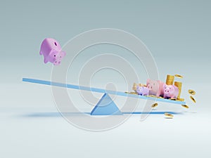 3D of piggy bank and piggy bank family and golden coin stack balancing on Teeter Totter. Business and finance concept