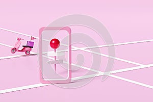 3d pin on the road with delivery scooter, smartphone, mobile phone, signboard, signpost, space isolated on pink. express service