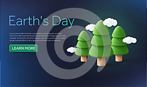 3d pine trees with flying clouds isolated on background. Banner design concept with text and call to action for