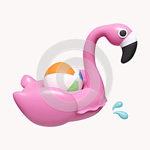 3d Pink Flamingo float and ball. summer vacation and holidays concept. icon isolated on white background. 3d rendering