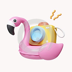 3d Pink Flamingo float and camera. summer vacation and holidays concept. icon isolated on white background. 3d rendering