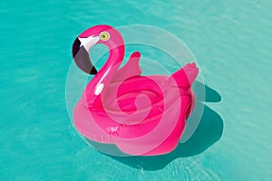 3d pink flamingo, tropical bird shape inflatable swimming pool ring, tube, float. Summer vacation holiday rubber object, traveling