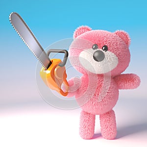 3d pink fluffy teddy bear cuddly toy holding a chainsaw, 3d illustration