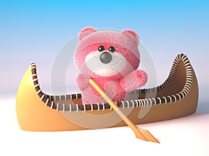 3d pink fluffy teddy bear cuddly toy in a kayak canoe, 3d illustration