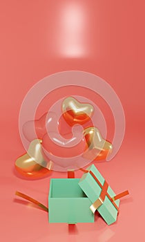 3d Pink and gold heart-shaped balloons flying out of an open gift box. Festive greeting concept. 3d realistic