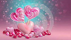 3d pink heart-shaped lollies and candies on gradient background.