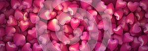 3d pink hearts pattern banner background. Scattered hearts like candy