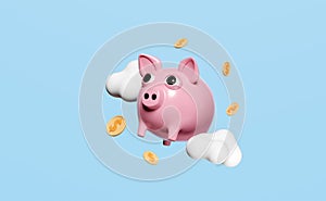 3d pink piggy bank with dollar money coins, cloud isolated on blue background. saving money concept, 3d render illustration