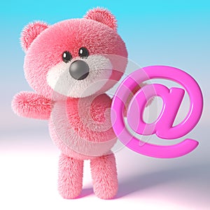 3d pink teddy bear with fluffy fur holding an email address symbol, 3d illustration