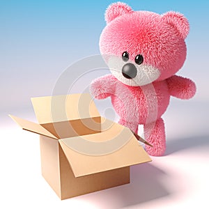 3d pink teddy bear with fluffy fur looking into an empty cardboard box, 3d illustration