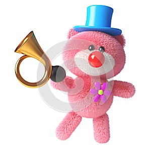 3d pink teddy bear with soft fluffy fur dressed as a clown with a red nose and old car horn, 3d illustration