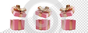 3d pink Valentine gift boxes open with golden bows isolated. Realistic vector modern holiday open surprise box. Vector