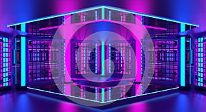 3d pink violet blue neon abstract background. Night club interior. Ultraviolet podium decoration empty room. Glowing lights.