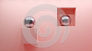 3d pink wall with chome spheres on display, abstract design