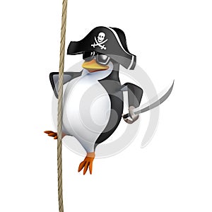 3d Pirate penguin swings on a rope