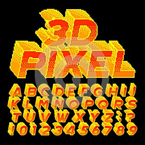 3D Pixel alphabet font. Computer letters and numbers.