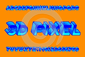 3d pixel alphabet font. Digital letters, numbers and symbols.