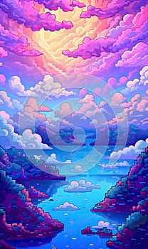 3d pixel art game opening cloud sea mountain sunset background with colorful vibrant colors