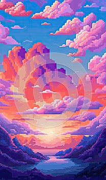 3d pixel art game opening cloud sea mountain sunset background with colorful vibrant colors