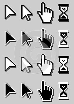 3D Pixel Cursors Icons Set, Mouse Hand, Arrow, Hourglass.