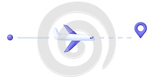 3D Plane flying over the world illustration. Airplane route illustration. Travel from point to location pin. Travel icon