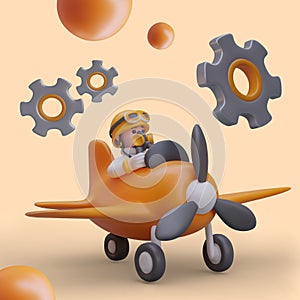 3D plane with pilot, giant gears. Concept of adjustment, repair