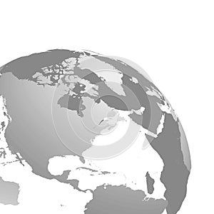 3D planet Earth globe. Transparent sphere with grey land silhouettes. Cropped and focused on North America